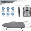 Diagrams and icons illustrating the features and dimensions of a folding ironing board. Produktbild-Vorschau