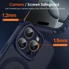 Close-up of a dark blue phone case showing raised lips around the camera and screen. Produktbild-Vorschau