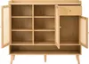 An open view of a wooden cabinet with rattan doors and shelves. Voir les images du produit