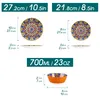 Diagrams showing the dimensions of plates and a bowl, with measurements in centimeters and inches, and a capacity in milliliters and ounces. Náhled obrázku produktu