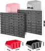 A collage of product images showing storage bins and wall panels, with dimensions indicated. Podgląd zdjęcia produktu