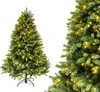 A full shot of a green artificial Christmas tree with yellow LED lights, standing on a black stand, next to a close-up of the tree's branches and lights. Produktbild-Vorschau