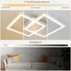 A collage showing a modern LED ceiling light in different color temperatures and brightness levels, followed by a lifestyle shot of the light illuminating a living room with a sofa. Produktbild-Vorschau