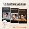 A makeup mirror with selectable light sources and stepless dimming is shown with three different lighting modes and their suggested uses. A finger is shown interacting with the control panel. Voir les images du produit
