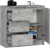 A chest of drawers with a concrete-like finish, showing three drawers and an open cabinet door with books inside. Produktbild-Vorschau