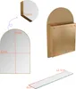 A collage of images showing a gold arched mirror cabinet, its dimensions, and a glass shelf. Produktbild-Vorschau