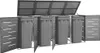 A gray metal trash can enclosure with four bins, shown with the doors and lid open. Produktbild-Vorschau