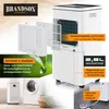 A product image showcasing a white dehumidifier with various features highlighted by text overlays and diagrams. It is placed in a setting that suggests home use, with laundry appliances visible in the background. Anteprima dell’immagine prodotto
