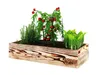 A wooden planter box filled with plants, including tomatoes, herbs, and lettuce, on a white background. Produktbild-Vorschau
