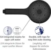 A black shower head with diagrams and text highlighting its features. Produktbild-Vorschau