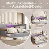 A collage of images showcasing a multifunctional pull-out bed with LED lighting, demonstrating different configurations and features. Podgląd zdjęcia produktu