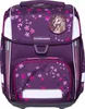 A purple school backpack with a floral pattern and a horse graphic. Voir les images du produit
