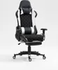 A black and white gaming chair with a headrest and lumbar support, shown from the front on a white background. Produktbild-Vorschau