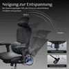 A black ergonomic office chair is shown with diagrams illustrating its reclining capabilities and adjustment mechanisms. Náhled obrázku produktu