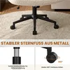 Close-up of the base and height adjustment mechanism of an office chair, with descriptive text overlays. Produktbild-Vorschau