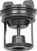 A close-up, studio shot of a black washing machine pump filter. Voir les images du produit