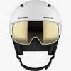 A white ski helmet with a gold visor is shown from the front against a white background. Voir les images du produit