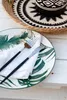 A close-up of a tropical-themed plate with cutlery and a napkin, set on a white wooden table, with a woven tray in the background. Náhľad obrázku produktu