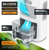 A close-up marketing image of a white dehumidifier with a water collection tank, showing airflow and water collection. The background includes a green leaf with water droplets. Produktbild-Vorschau