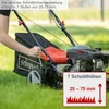 A person is holding the handle of a lawnmower, which is on a grassy lawn. There is text overlaying the image. Produktbild-Vorschau