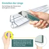 A hand is shown cutting a shower seal with a utility knife, and another hand is shown measuring with a tape measure, with text providing instructions. Produktbild-Vorschau