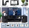 A collage of images showcasing a black TV stand with various storage configurations and decorative elements, along with smaller images of items that can be stored. Náhled obrázku produktu