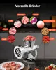 A VEVOR manual meat grinder is shown with various ingredients arranged in circles around it, illustrating its versatility. The ingredients include sausage, onion, chicken racks, pet food, chili, beef, pork, and fish. Produktbild-Vorschau