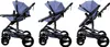 Three views of a blue and black stroller on a white background. Produktbild-Vorschau