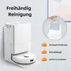 A robotic vacuum cleaner and its charging/emptying station are shown, with a close-up inset of a dust bag and descriptive text highlighting features. Produktbild-Vorschau