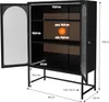 A black metal vitrine cabinet with glass doors and shelves, shown with dimensions and internal measurements. Náhľad obrázku produktu