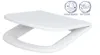 A white toilet seat lid is shown from a diagonal angle against a white background. Two circular icons with text are in the upper right corner. Produktbild-Vorschau