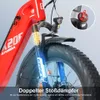 Close-up of the front suspension and wheel of a red electric mountain bike. Produktbild-Vorschau