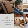 Collage of images showing a brown leather phone case, a man using a phone with the case, and a close-up of the case with cards and cash. Produktbild-Vorschau