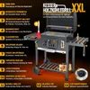 A charcoal grill with various features highlighted by numbered callouts and text descriptions. Produktbild-Vorschau
