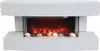 A white electric fireplace with a glass front showing a simulated fire and decorative stones. Náhled obrázku produktu