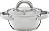 A stainless steel cooking pot with a glass lid and two handles, shown from a slightly elevated front-side angle on a white background. Náhled obrázku produktu
