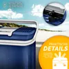 A blue and white cooler box is shown on a beach with a close-up inset of its interior and a graphic highlighting its features. Podgląd zdjęcia produktu