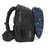 Side view of a black backpack with a blue drawstring bag attached to the side. Produktbild-Vorschau