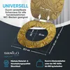 A golden toilet seat with a leaf pattern is shown with dimensions and text overlays. Produktbild-Vorschau