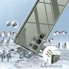 A clear phone case is shown with simulated impact effects, surrounded by shattered glass-like elements. Produktbild-Vorschau