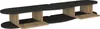 A 3D render of a TV lowboard with black top and bottom surfaces and wooden supports. Podgląd zdjęcia produktu