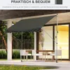 An outdoor patio with a table and chairs under a gray awning. Produktbild-Vorschau