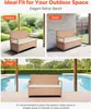 Collage of images showing a rattan bench in different outdoor settings: a garden, a patio, and by a pool. Produktbild-Vorschau