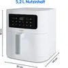 A white air fryer is shown from a three-quarter angle with dimensions indicated. Produktbild-Vorschau