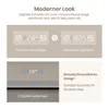 Marketing image showing features of a bathroom mirror with LED lights and digital display. Anteprima dell’immagine prodotto