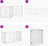 A collage of four images showing different configurations of a white wooden pet gate. Podgląd zdjęcia produktu