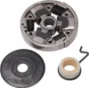 A set of chainsaw clutch parts, including the clutch drum, clutch assembly, and a washer, laid out on a white background. Voir les images du produit