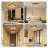 A collage of four images showing a modern crystal ceiling light installed in different rooms of a house: living room, bedroom, hallway, and kitchen. Podgląd zdjęcia produktu