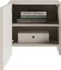 The image shows the inside of a cabinet with two shelves. The top shelf has three books stacked on it, and the bottom shelf has a white box. The cabinet door is open on the left side. Produktbild-Vorschau