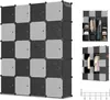 A collage of images showing a modular storage cube system, with some images displaying the system assembled and filled with clothes and accessories. Produktbild-Vorschau